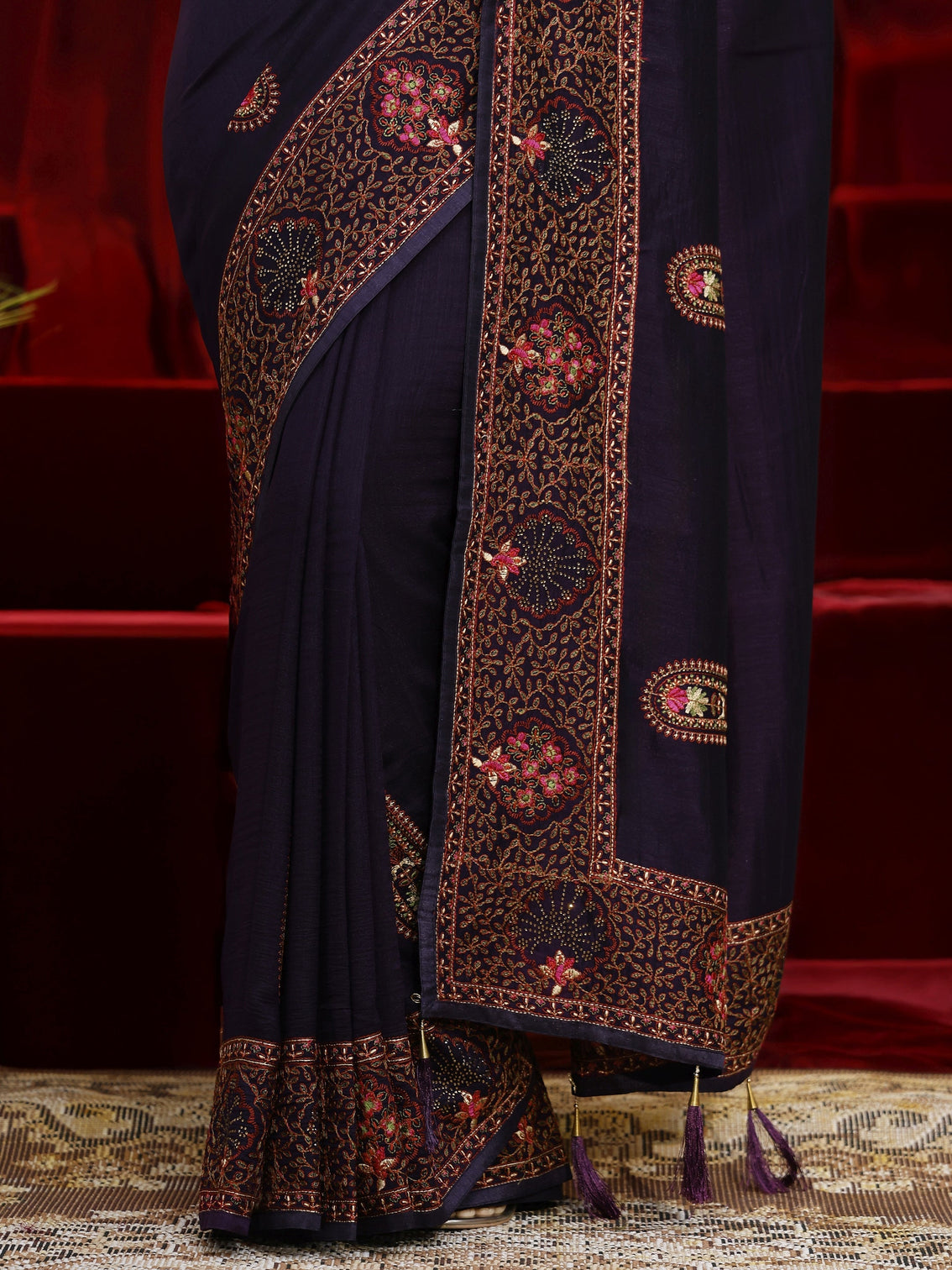 Mameraa Purple Paisley Embroidered Silk blend Saree