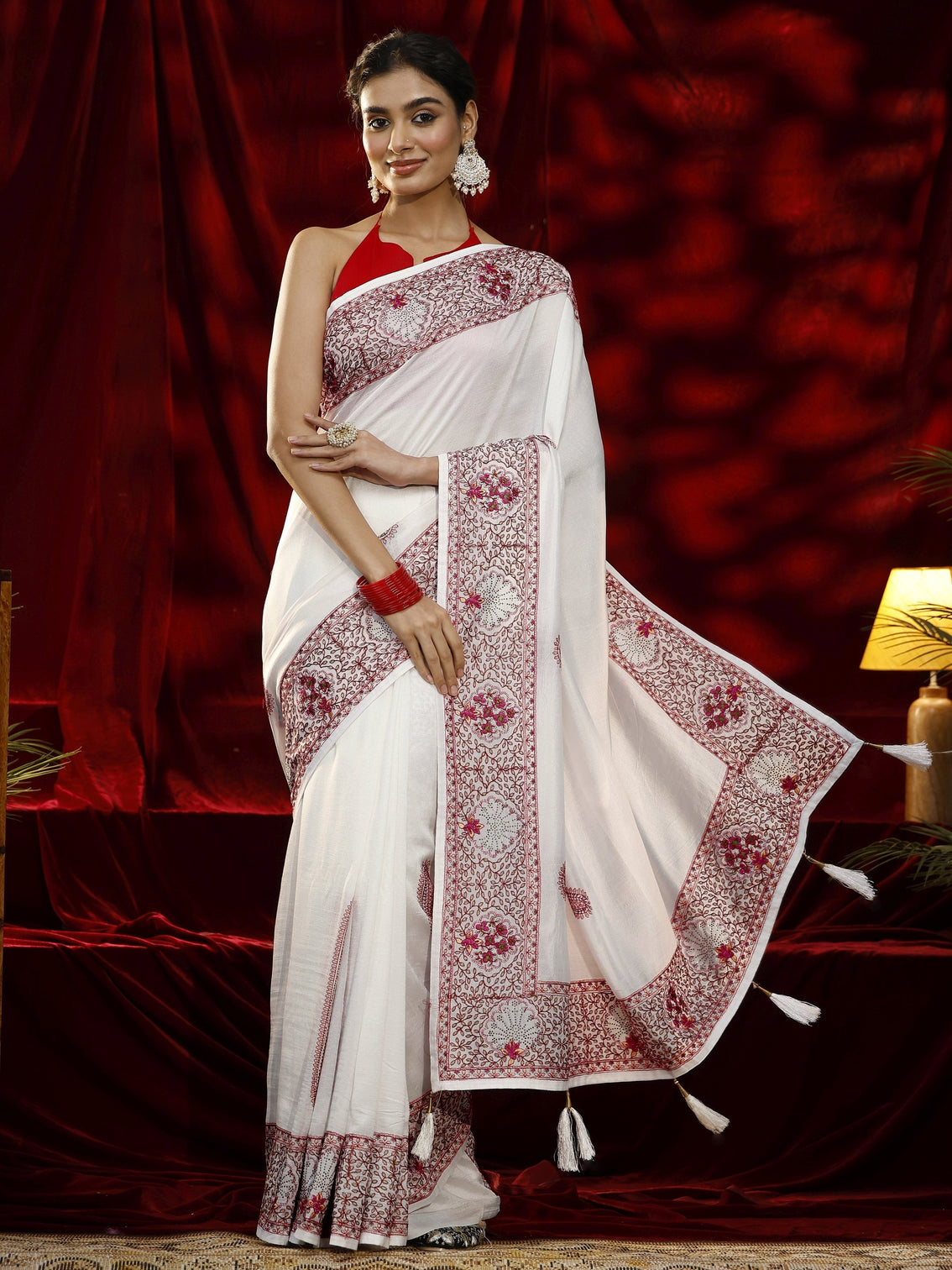 Mameraa Cream Paisley Embroidered Silk blend Saree