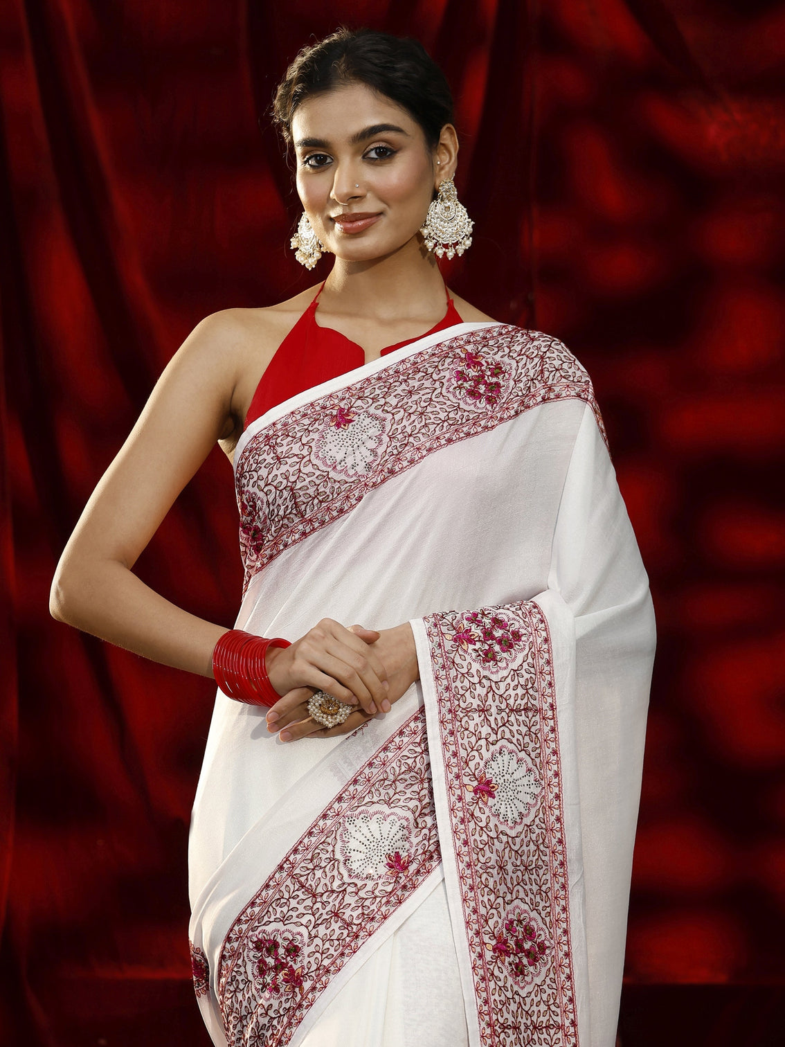 Mameraa Cream Paisley Embroidered Silk blend Saree