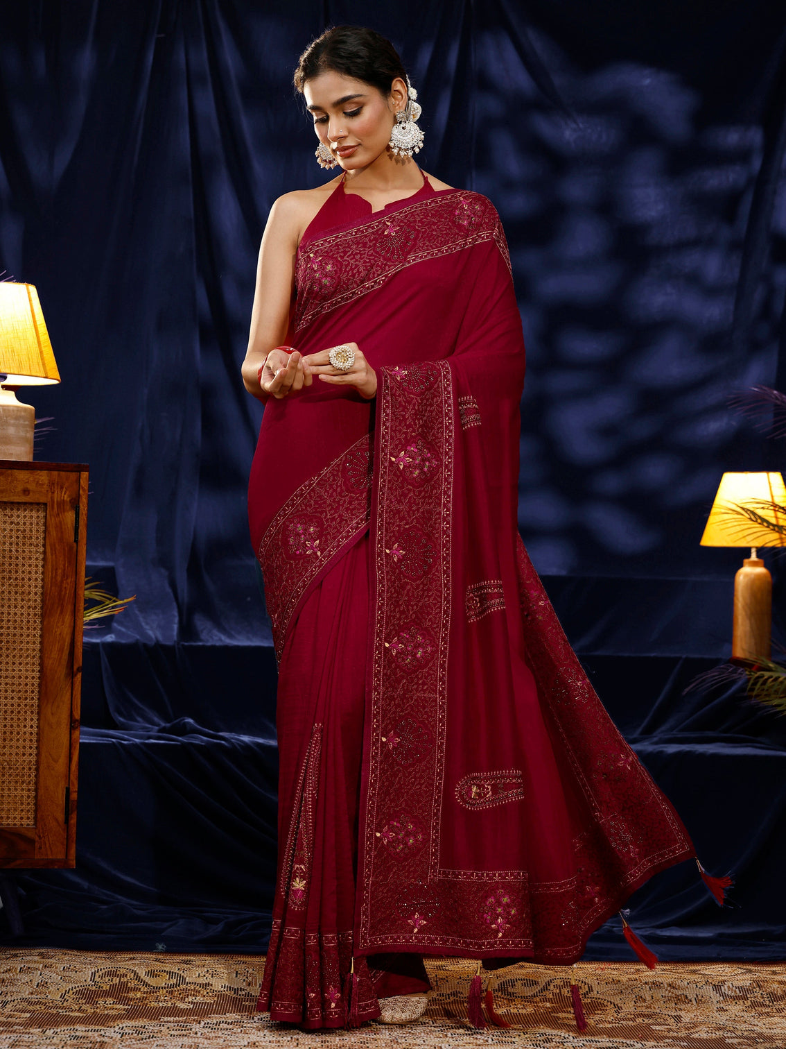 Mameraa Red Paisley Embroidered Silk blend Saree