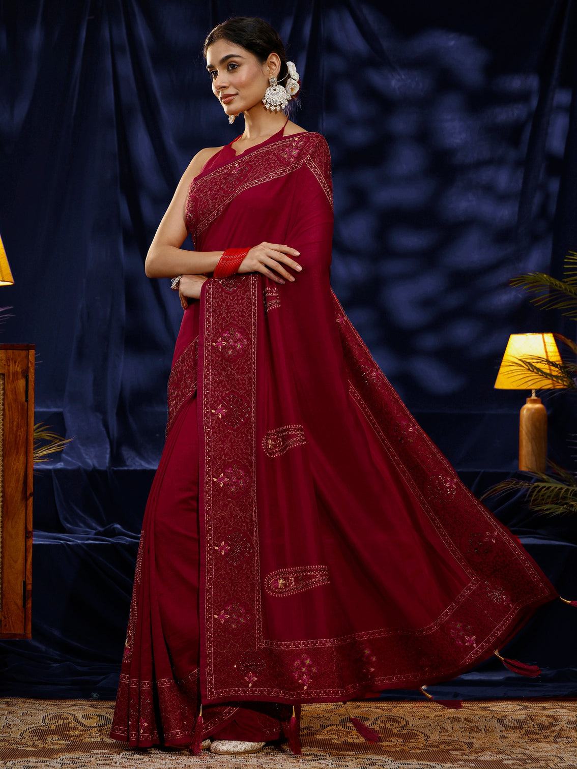Mameraa Red Paisley Embroidered Silk blend Saree