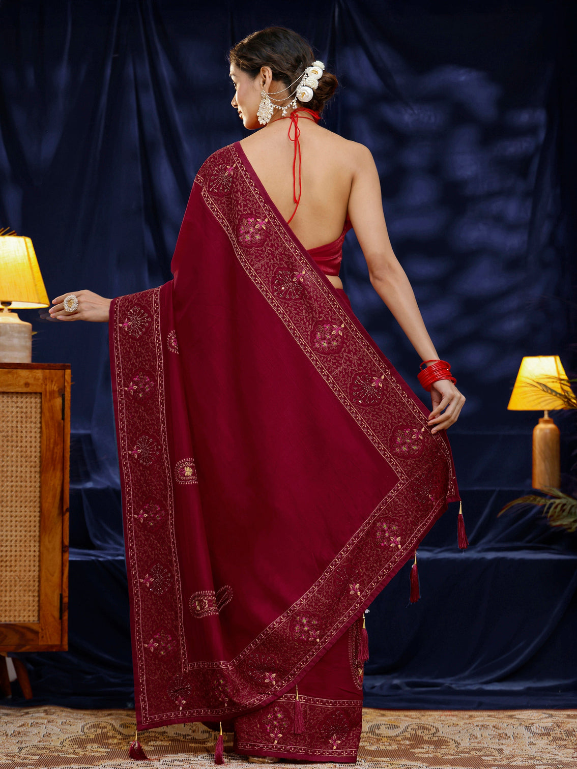 Mameraa Red Paisley Embroidered Silk blend Saree
