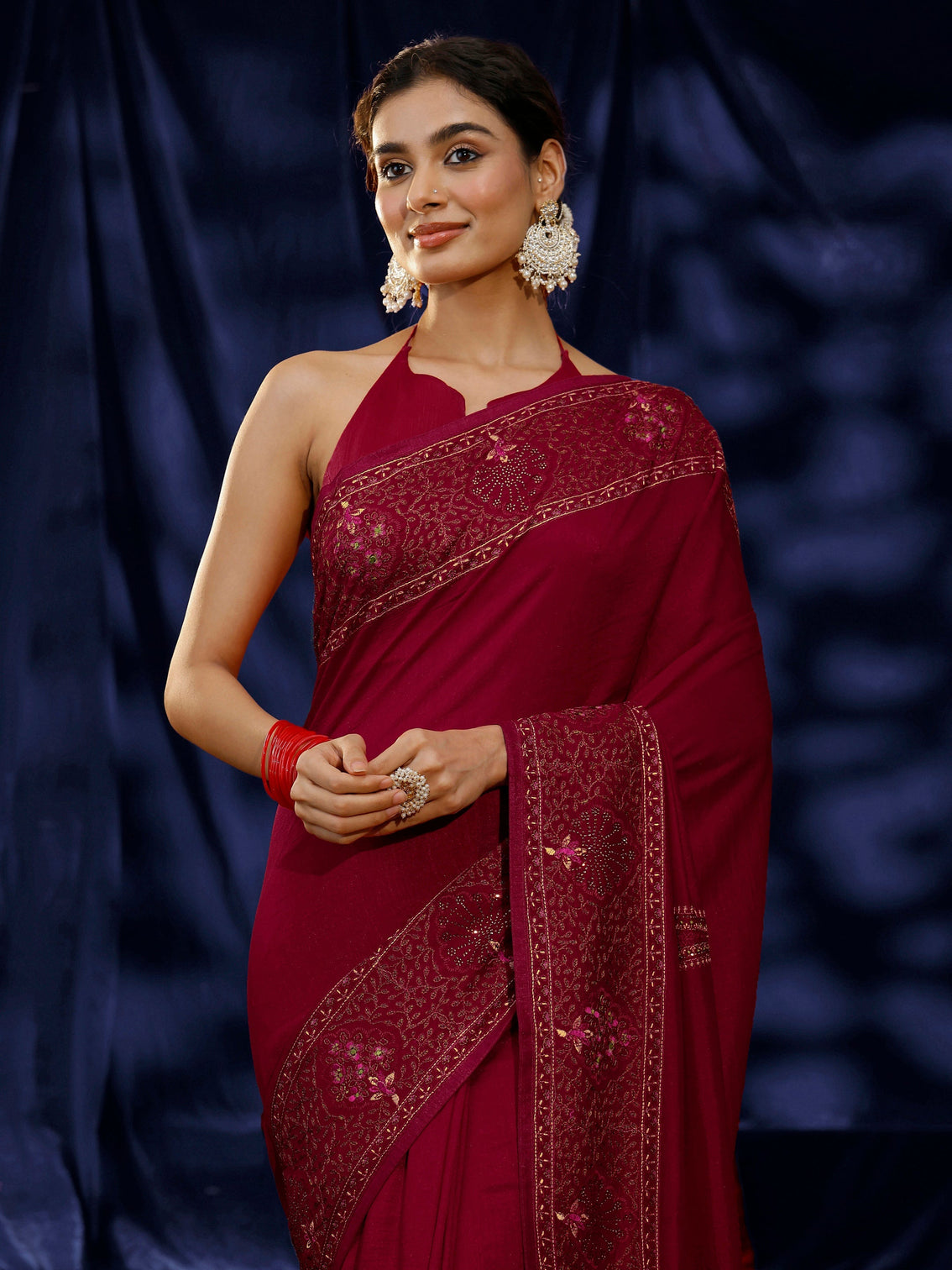 Mameraa Red Paisley Embroidered Silk blend Saree