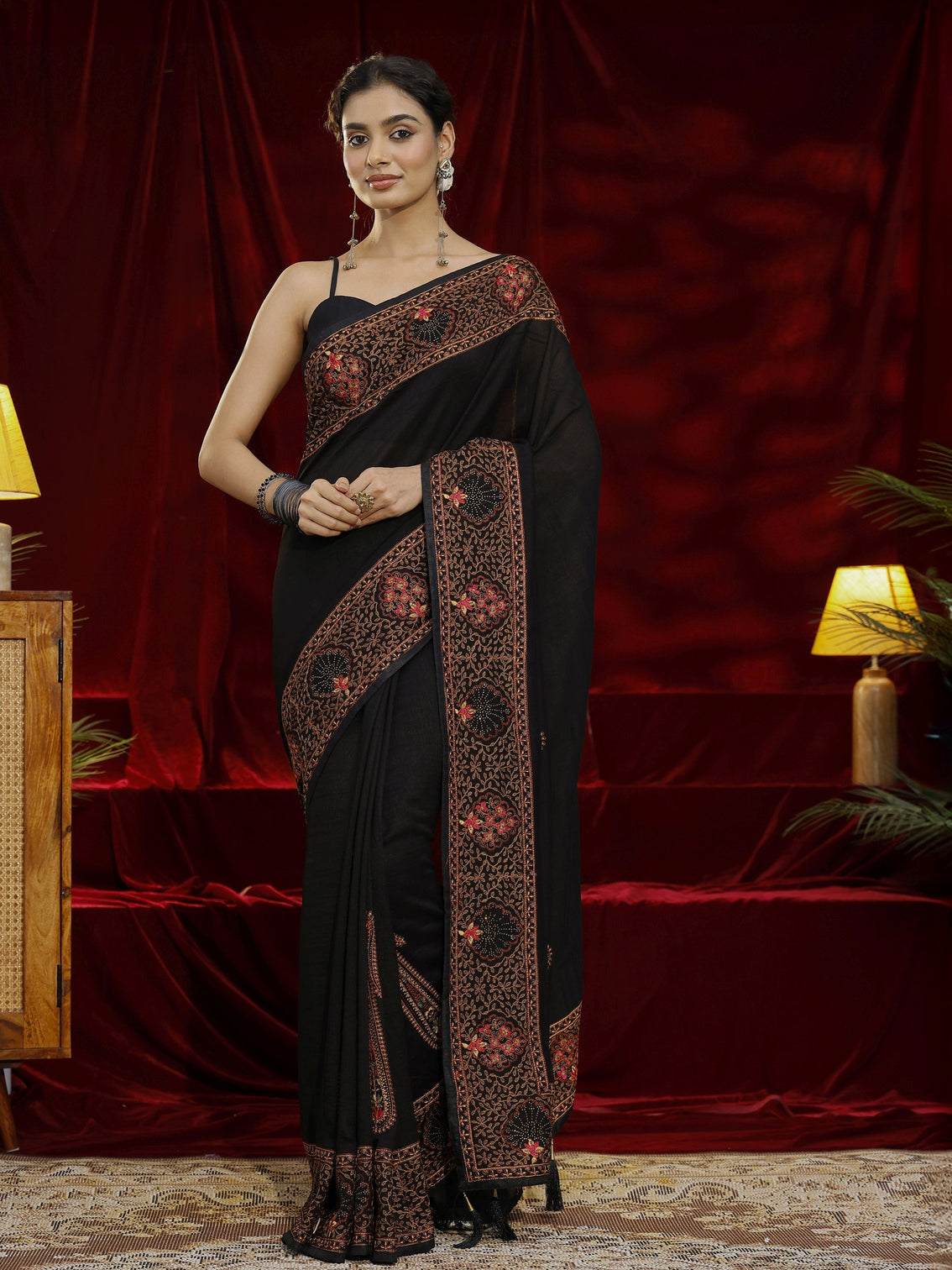 Mameraa Black Paisley Embroidered Silk blend Saree