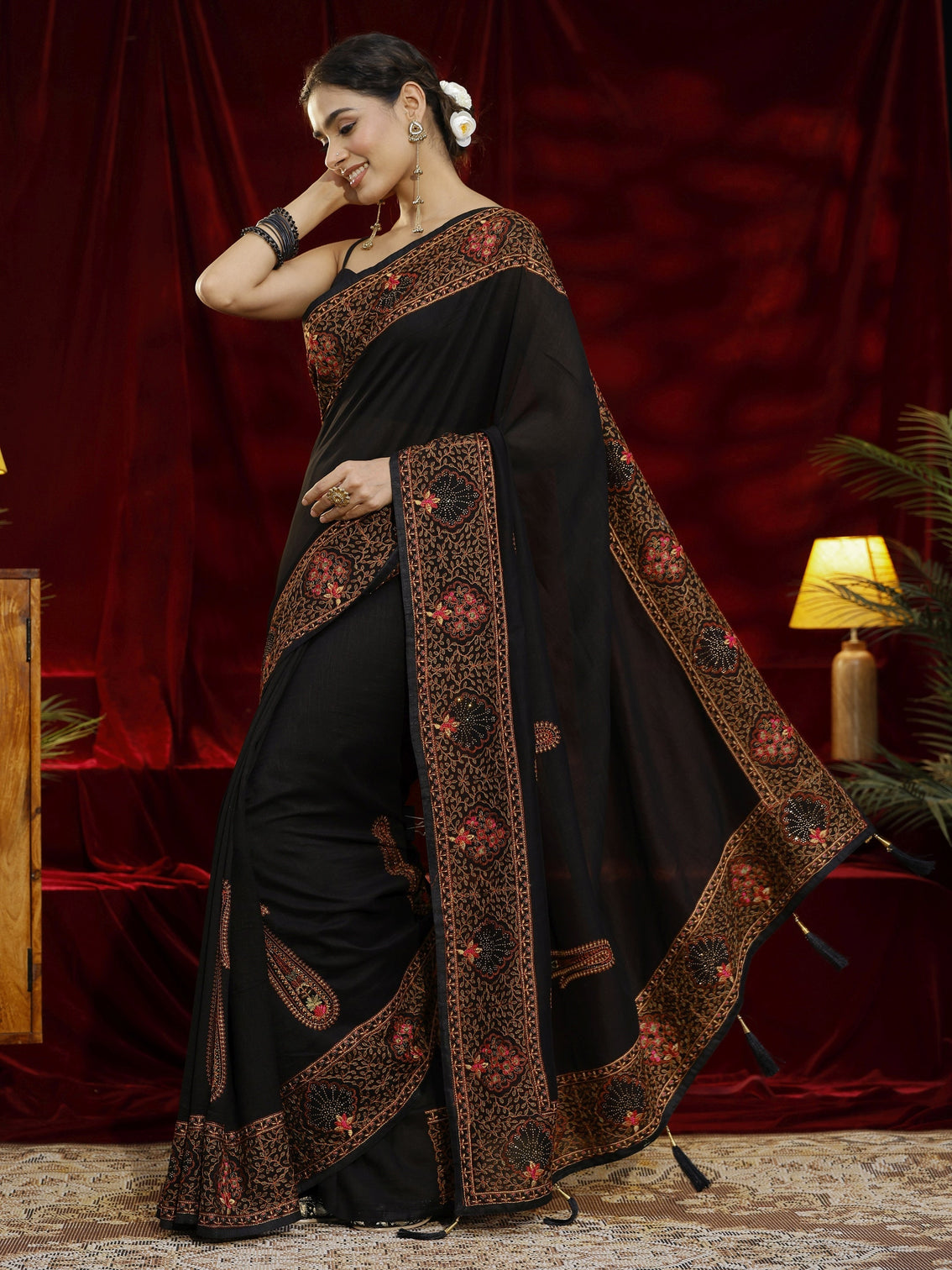 Mameraa Black Paisley Embroidered Silk blend Saree
