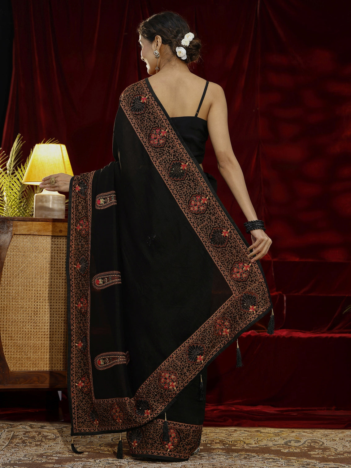 Mameraa Black Paisley Embroidered Silk blend Saree