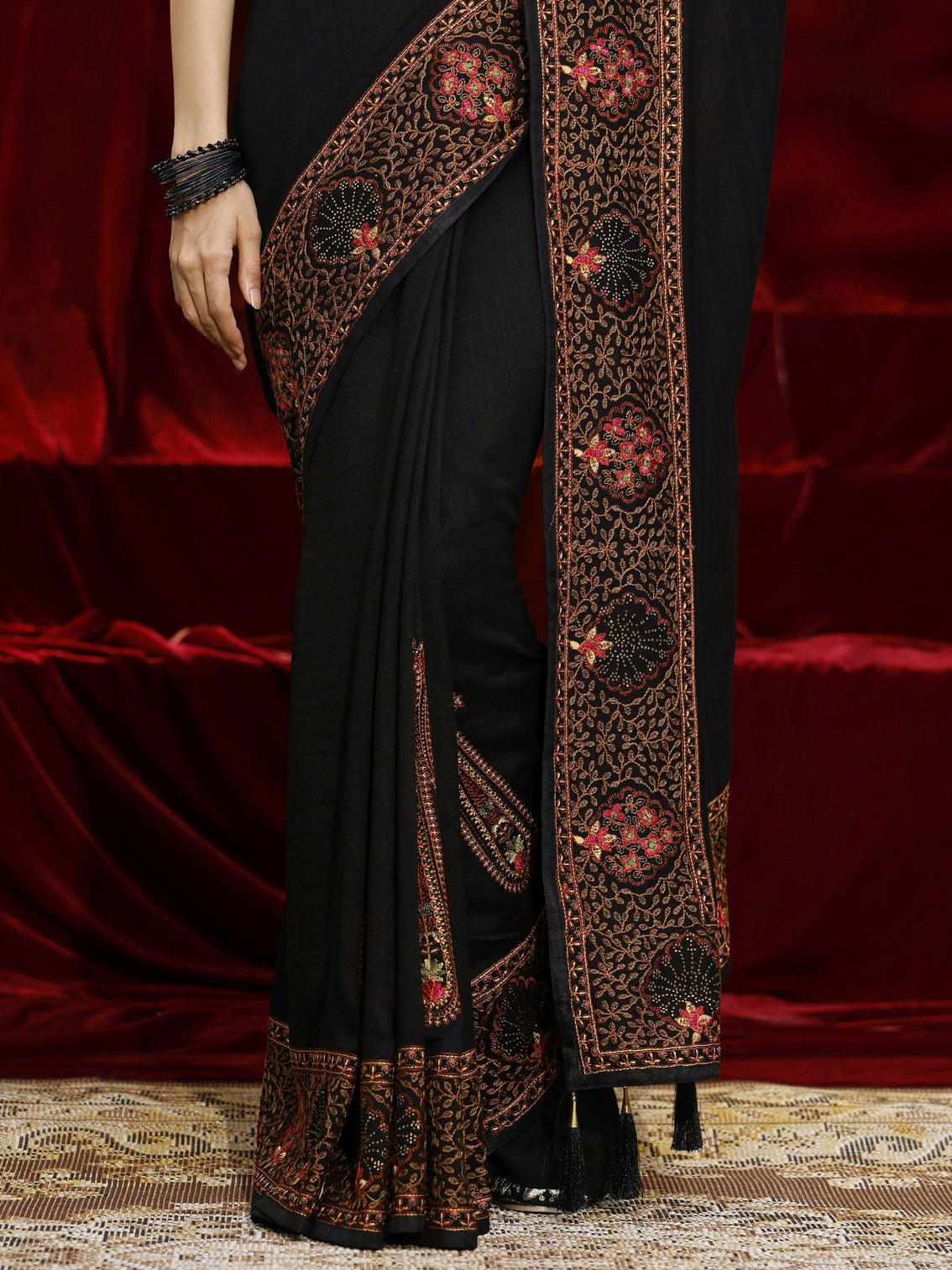 Mameraa Black Paisley Embroidered Silk blend Saree