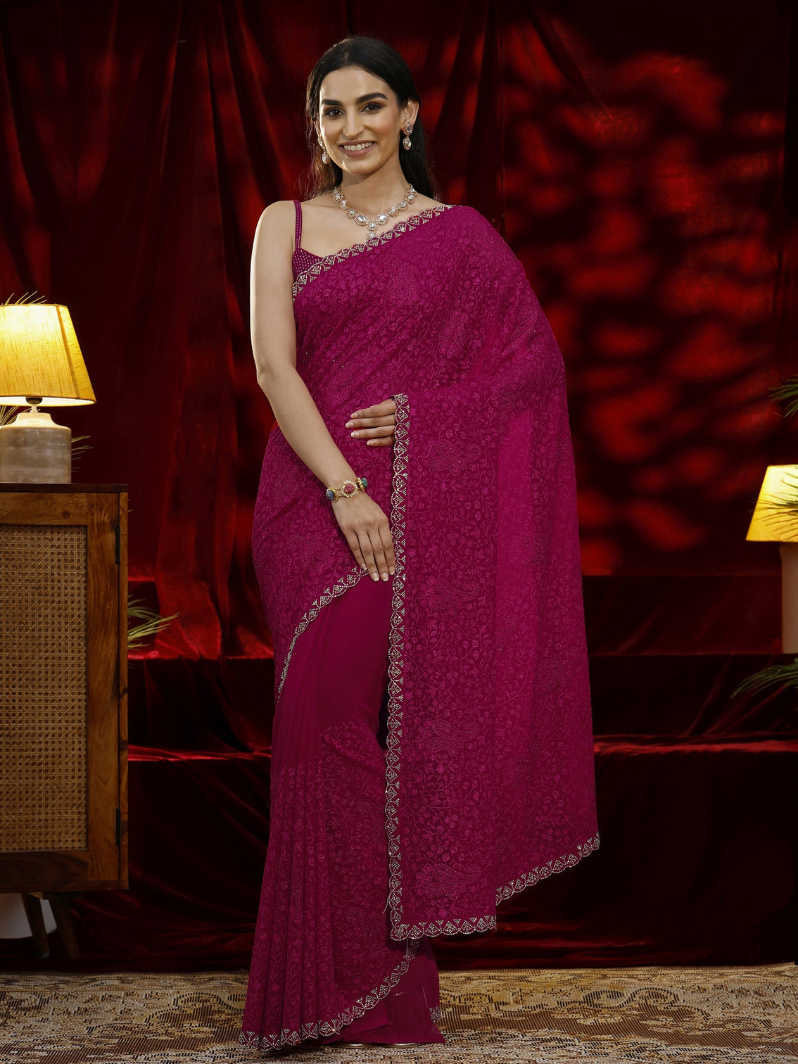 Mameraa Pink Floral Embroidered Georgette Saree