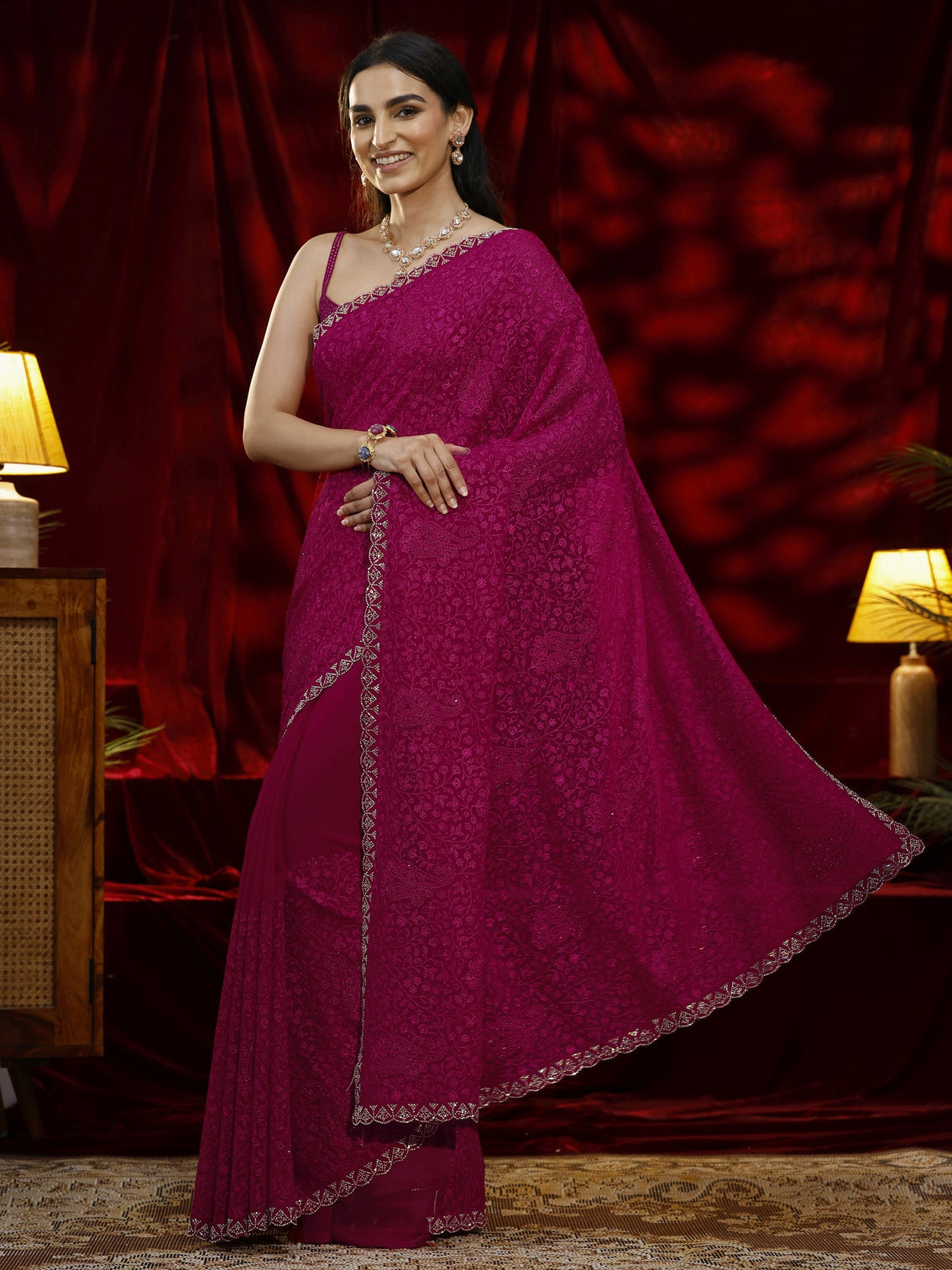Mameraa Pink Floral Embroidered Georgette Saree