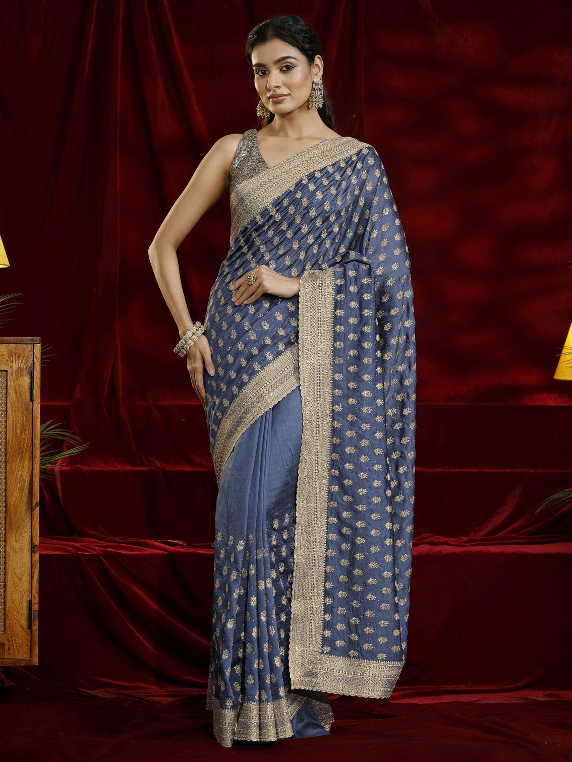 Mameraa Blue Ethnic Motif Embroidered Silk blend Saree