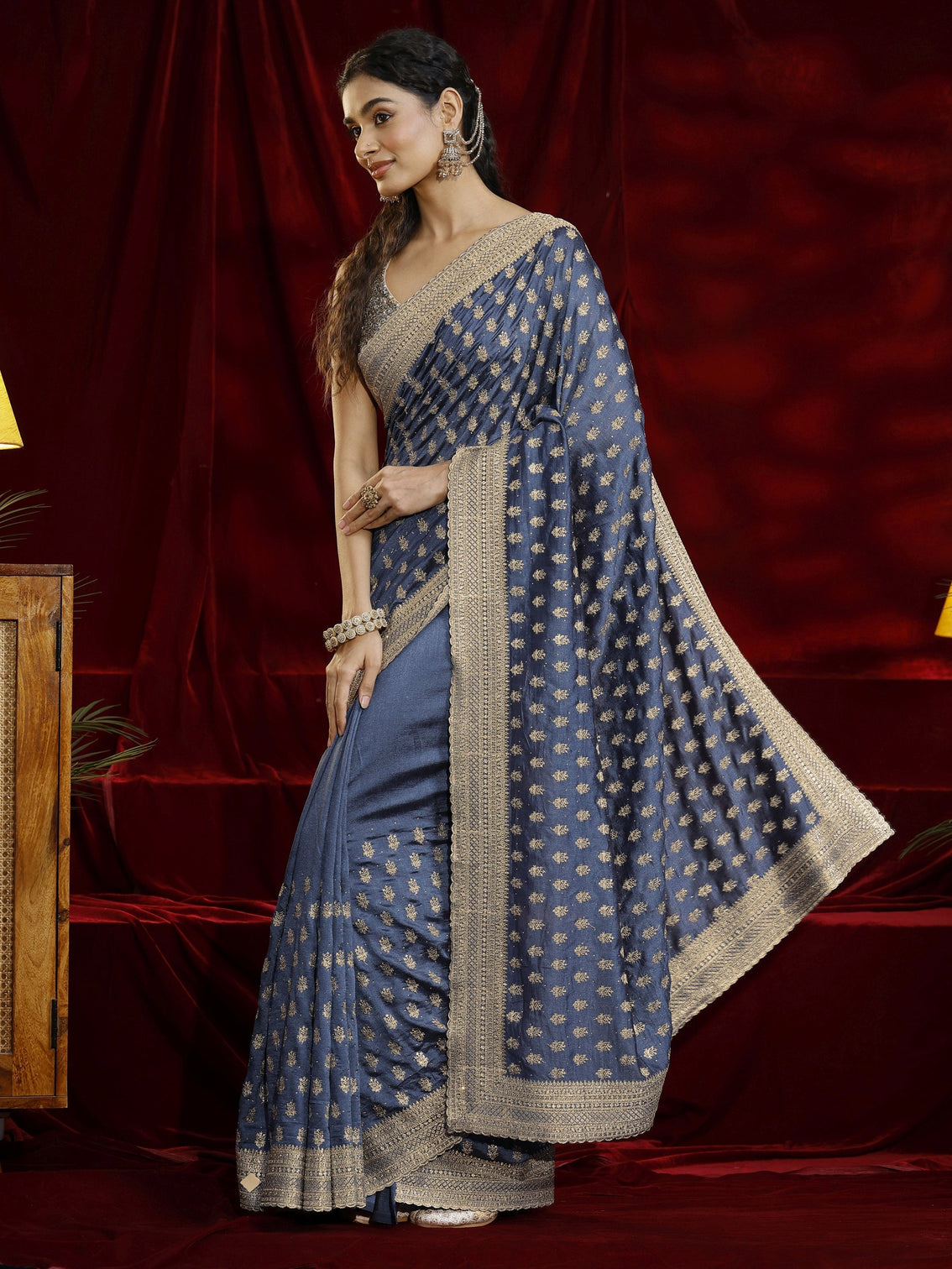 Mameraa Blue Ethnic Motif Embroidered Silk blend Saree