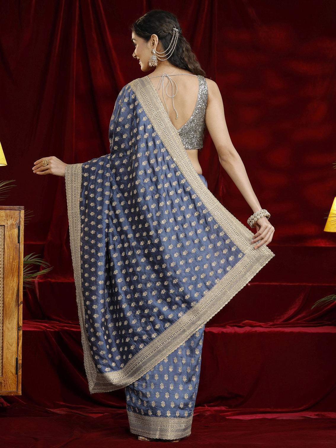 Mameraa Blue Ethnic Motif Embroidered Silk blend Saree