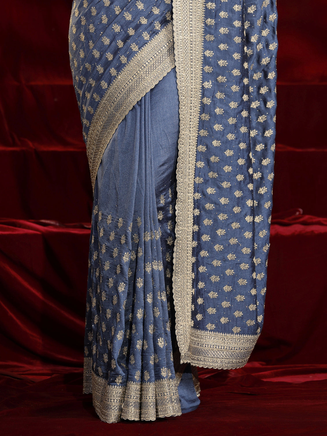 Mameraa Blue Ethnic Motif Embroidered Silk blend Saree