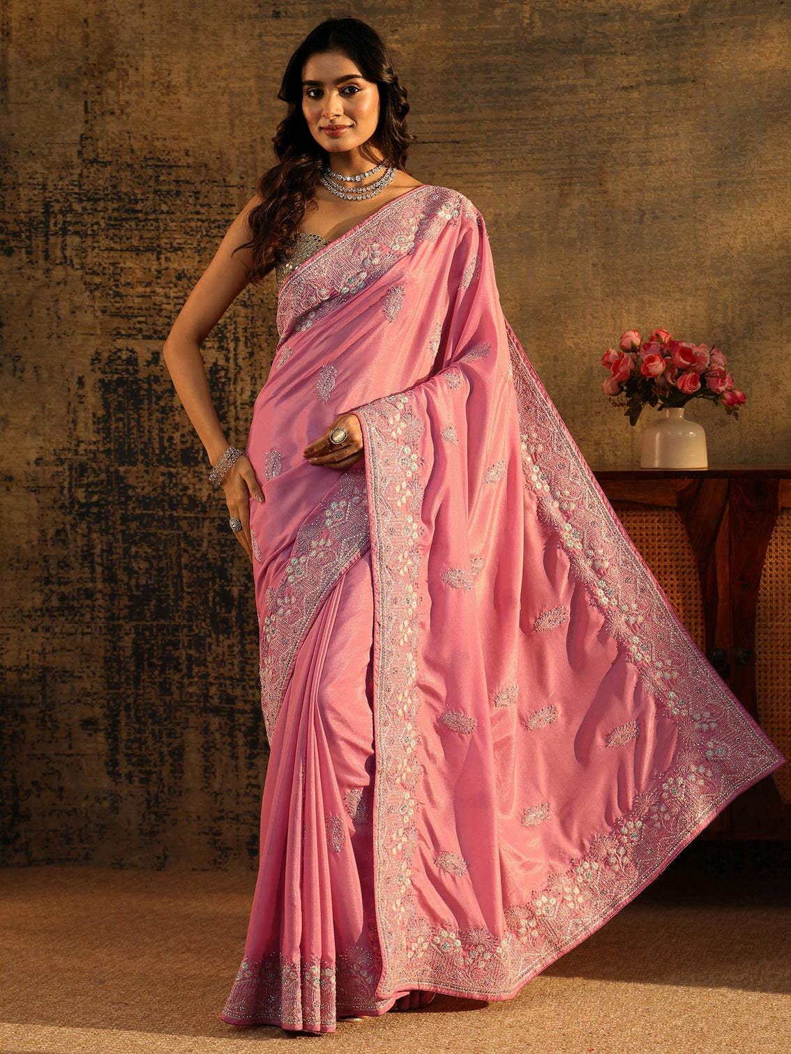 Mameraa Blush Pink Floral Embroidered Satin Saree