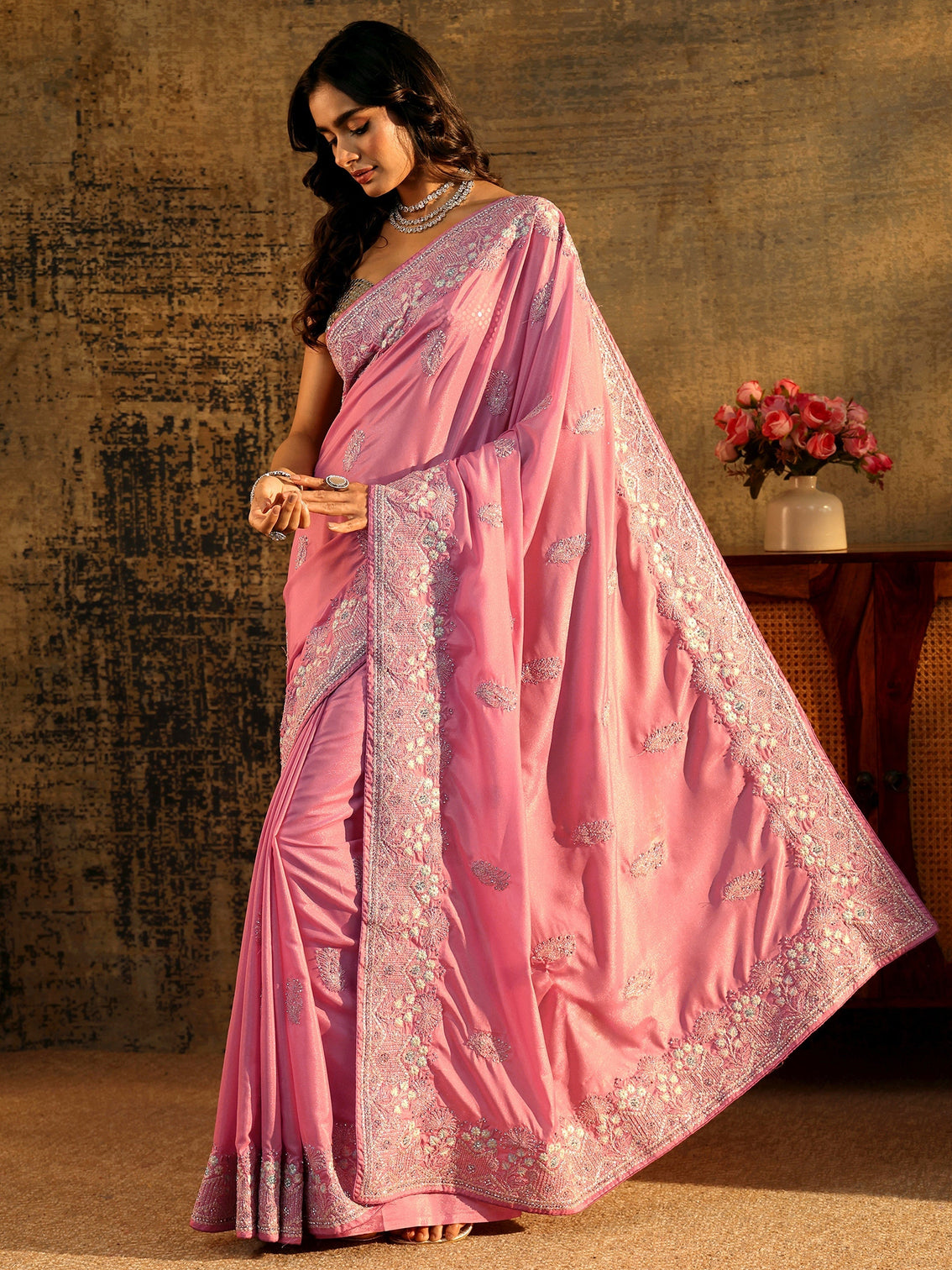 Mameraa Blush Pink Floral Embroidered Satin Saree