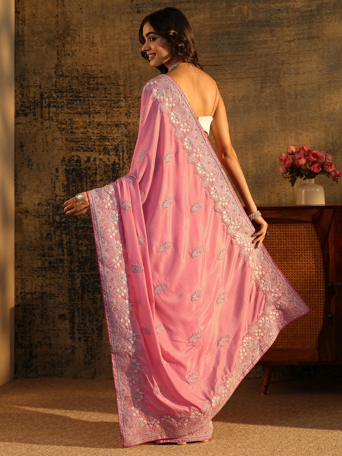 Mameraa Blush Pink Floral Embroidered Satin Saree