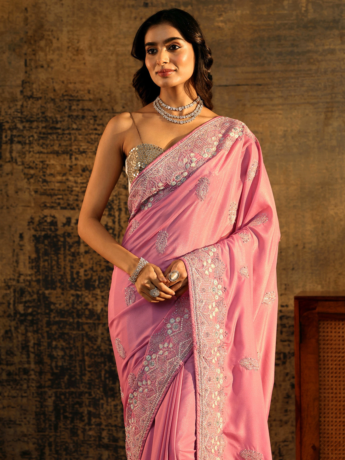 Mameraa Blush Pink Floral Embroidered Satin Saree