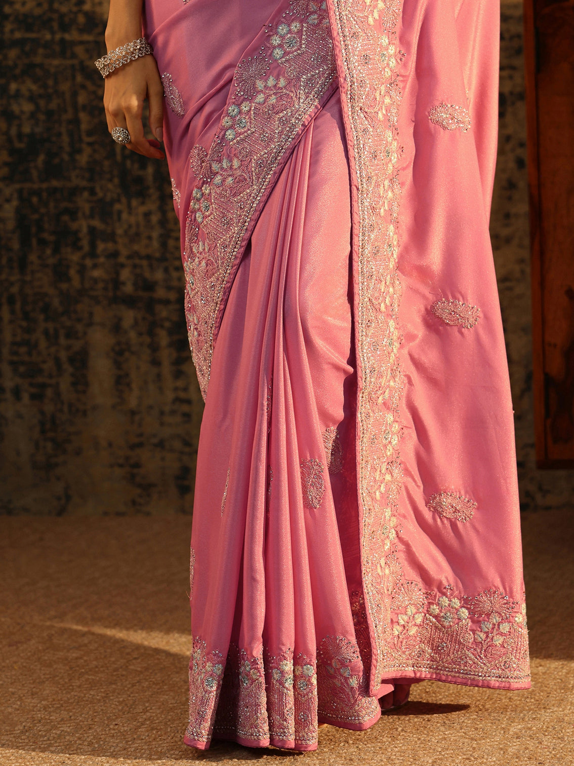 Mameraa Blush Pink Floral Embroidered Satin Saree