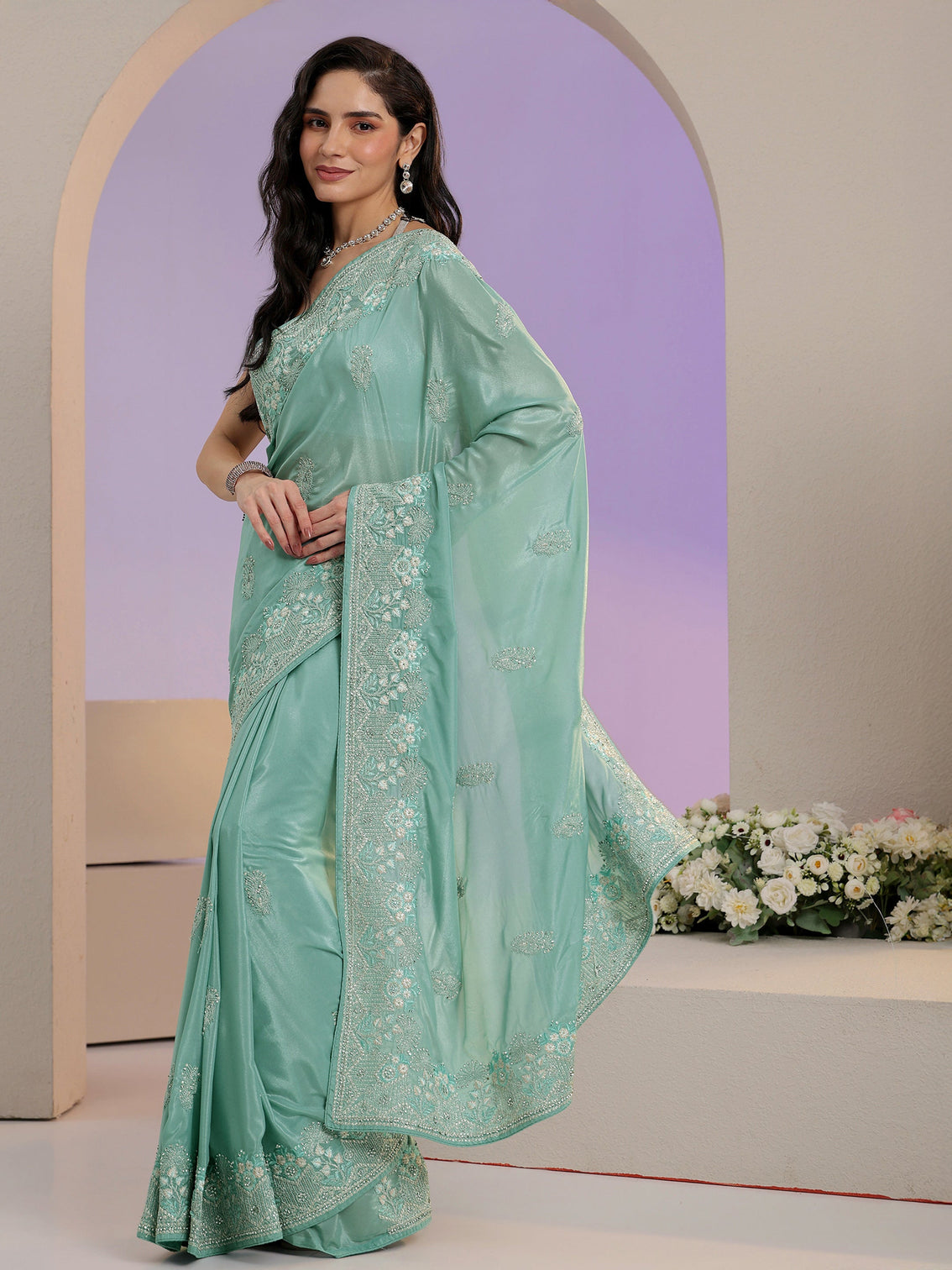 Mameraa Aqua Blue Embroidered Satin Saree