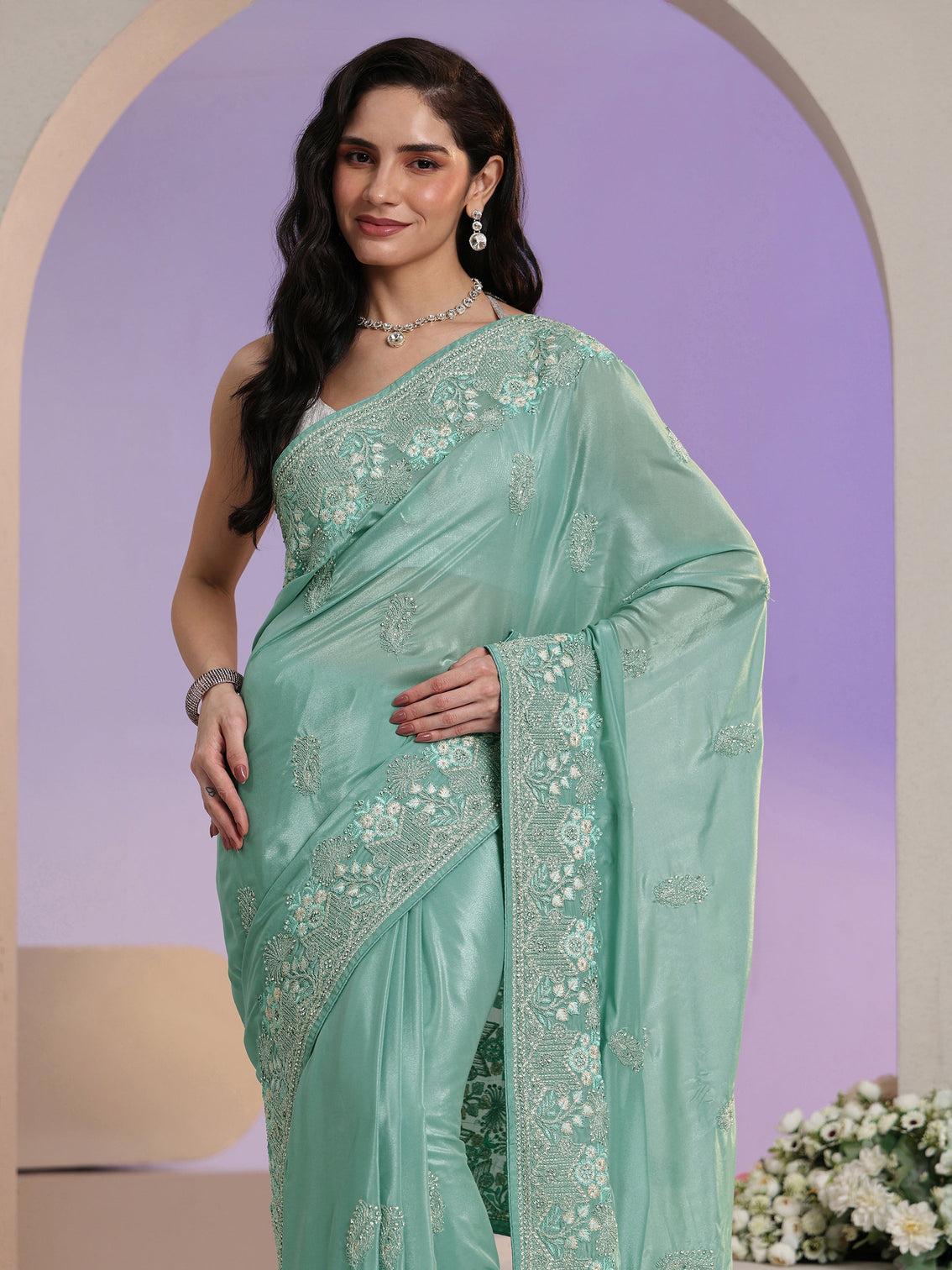 Mameraa Aqua Blue Embroidered Satin Saree