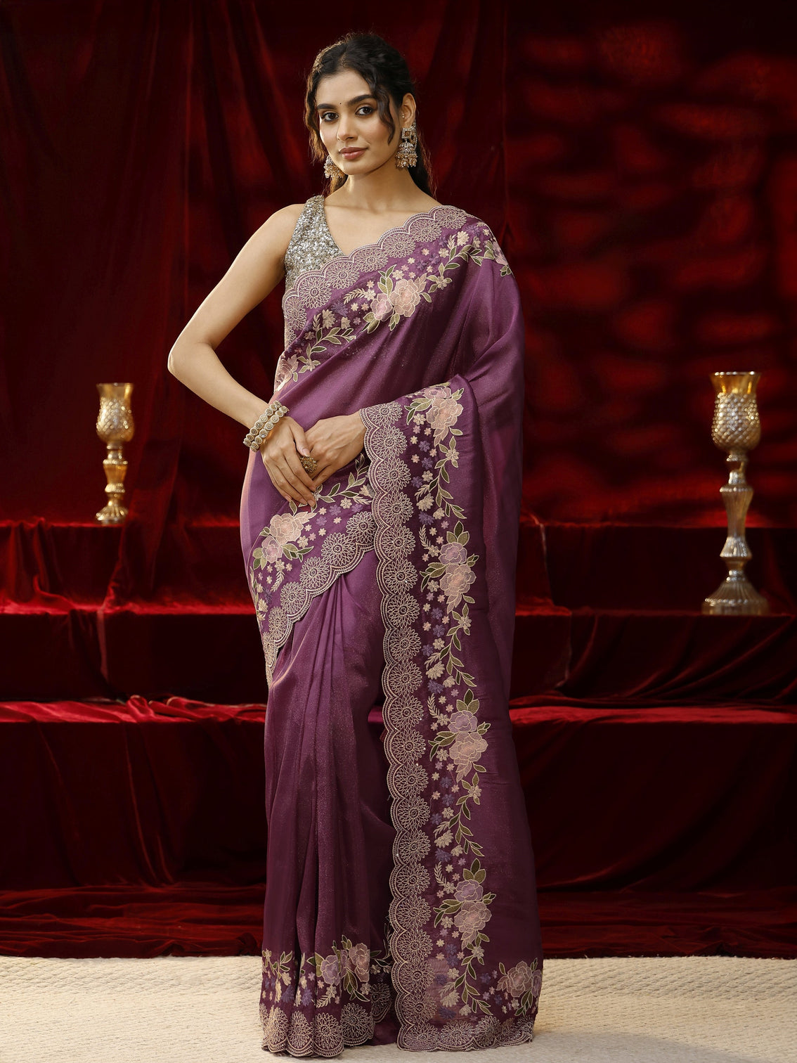 Mameraa Mauve Solid Silk Blend Saree