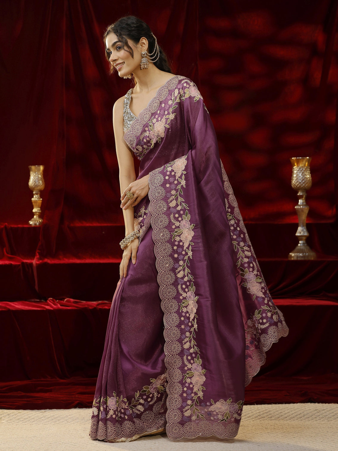 Mameraa Mauve Solid Silk Blend Saree