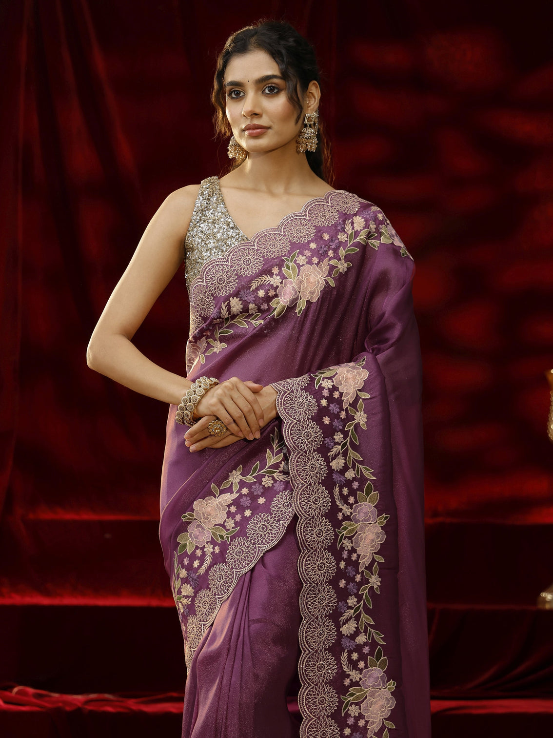 Mameraa Mauve Solid Silk Blend Saree