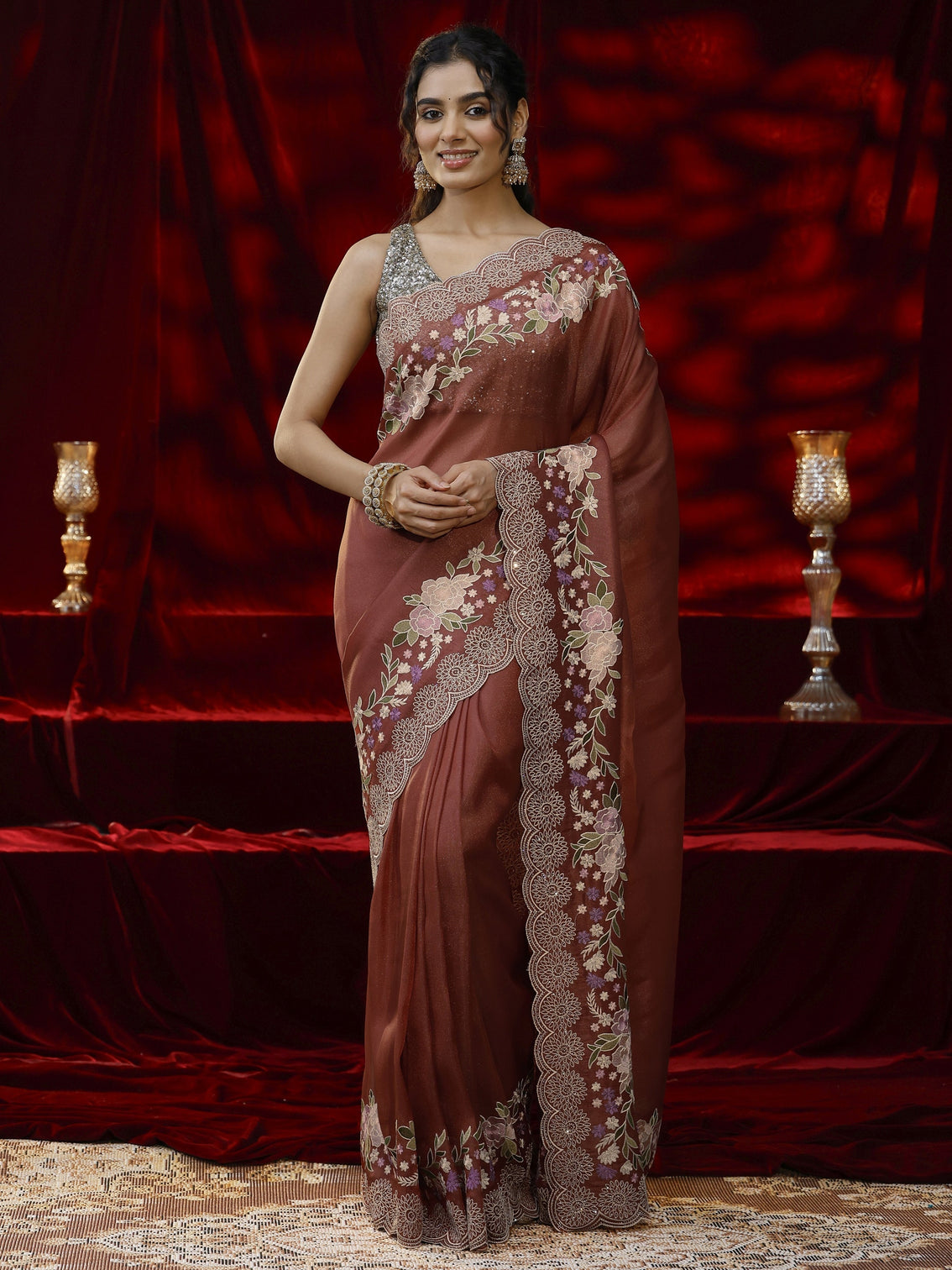 Mameraa Copper Solid Silk Blend Saree