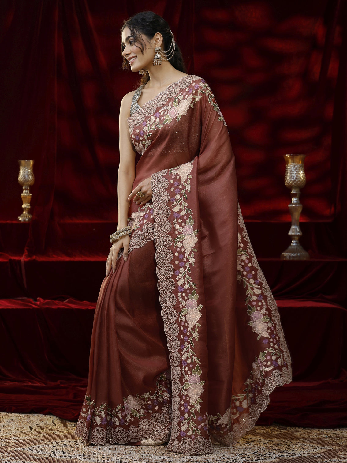 Mameraa Copper Solid Silk Blend Saree