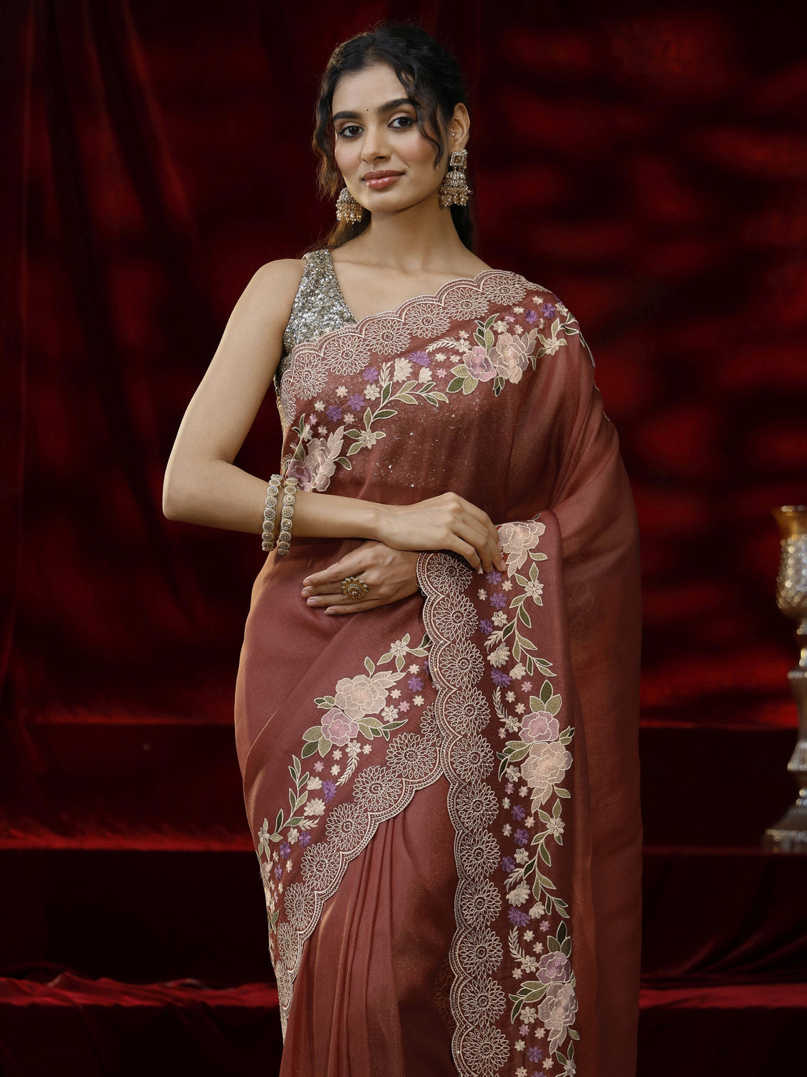 Mameraa Copper Solid Silk Blend Saree