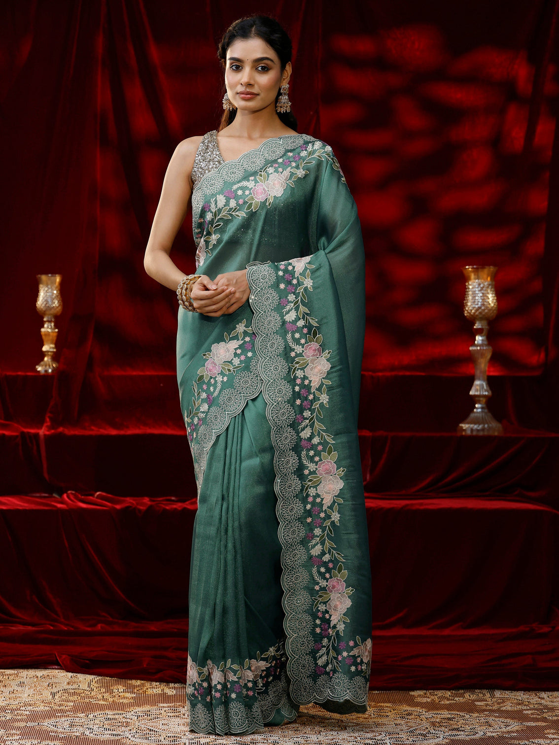 Mameraa Green Solid Silk Blend Saree