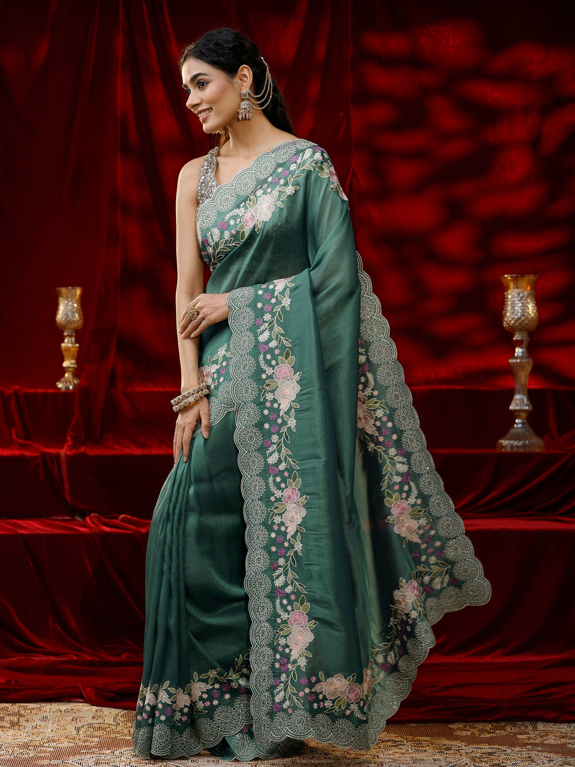 Mameraa Green Solid Silk Blend Saree