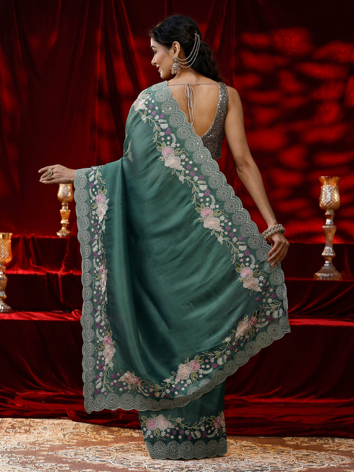 Mameraa Green Solid Silk Blend Saree