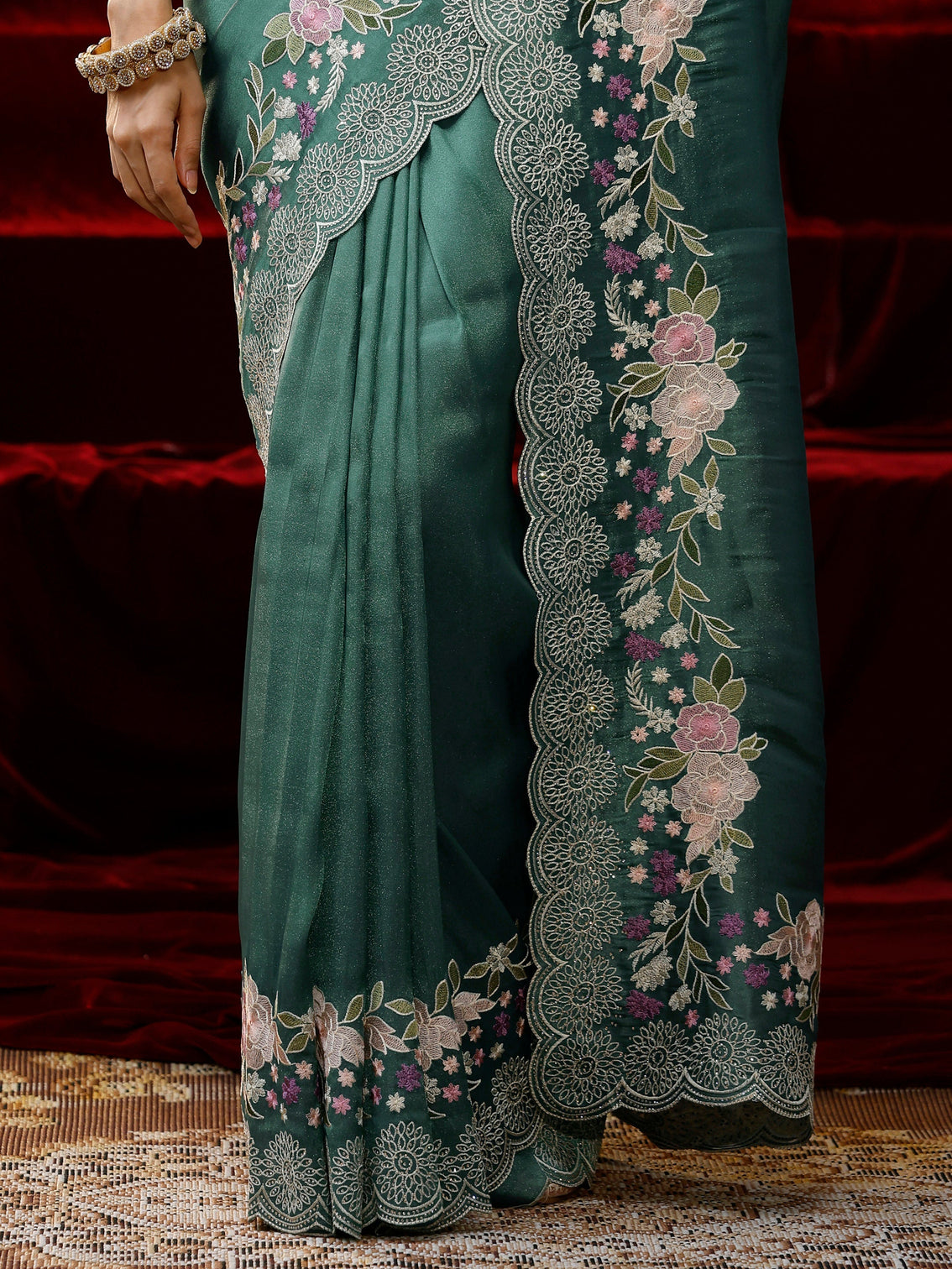 Mameraa Green Solid Silk Blend Saree