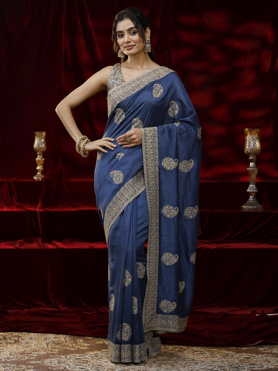 Mameraa Blue Paisley Embroidered Silk blend Saree