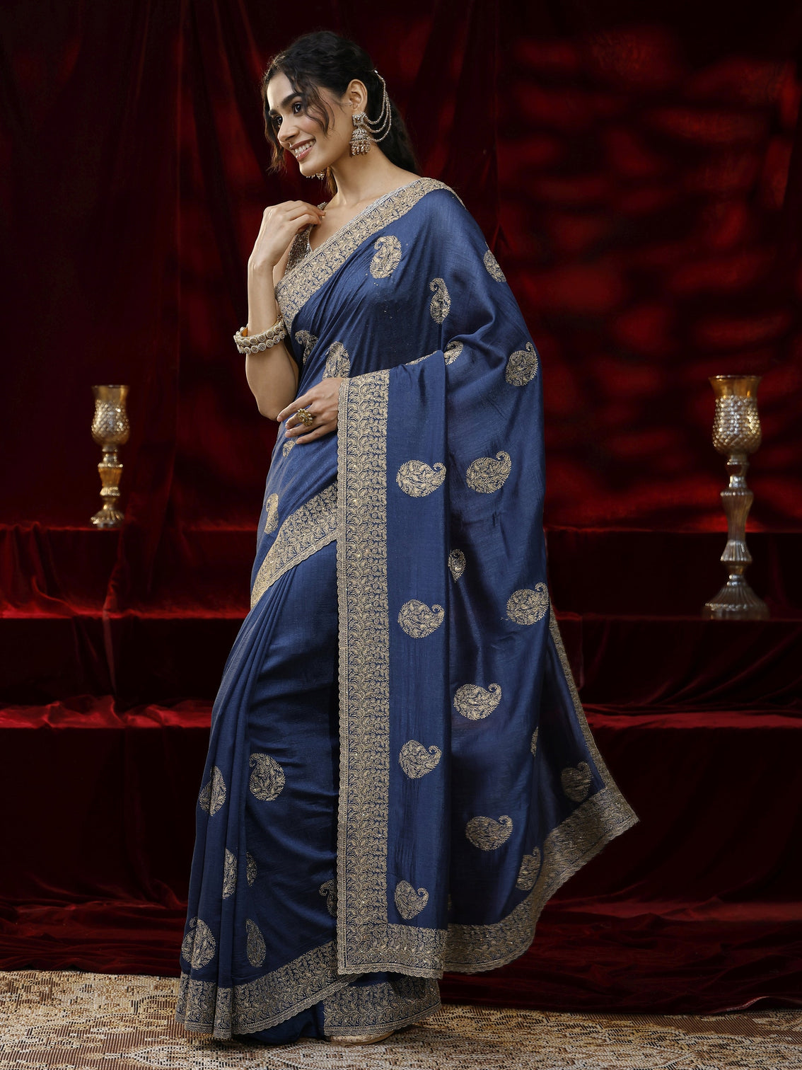 Mameraa Blue Paisley Embroidered Silk blend Saree