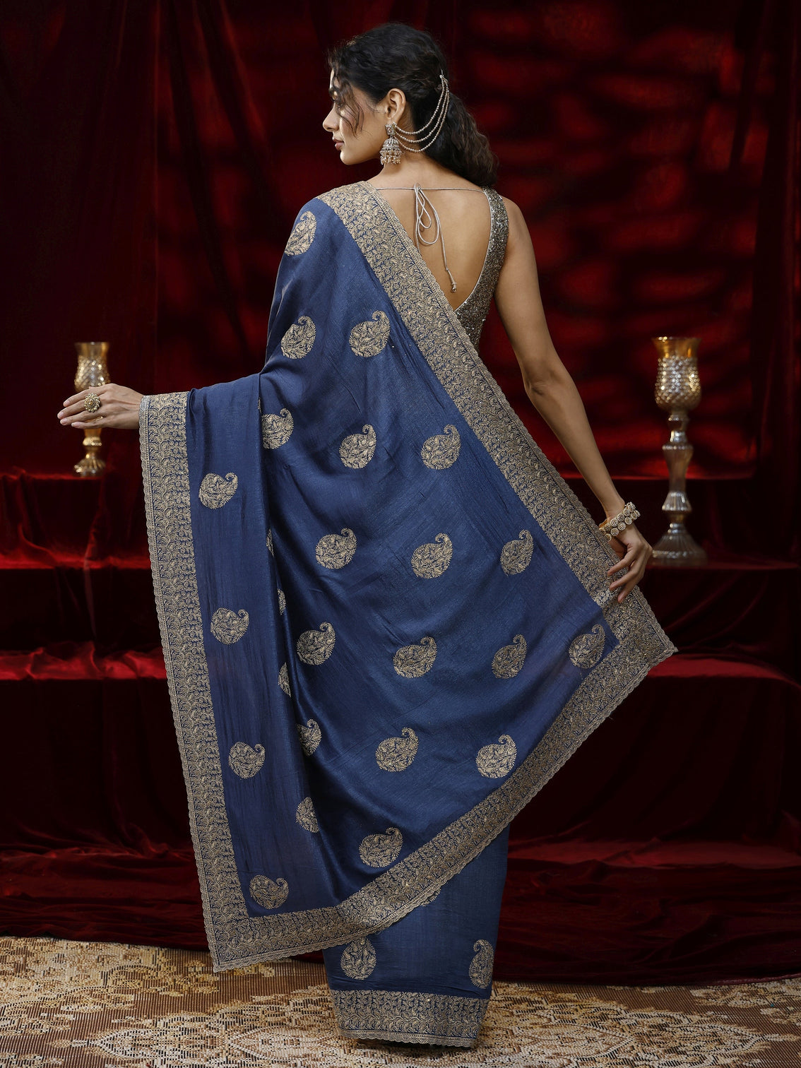 Mameraa Blue Paisley Embroidered Silk blend Saree
