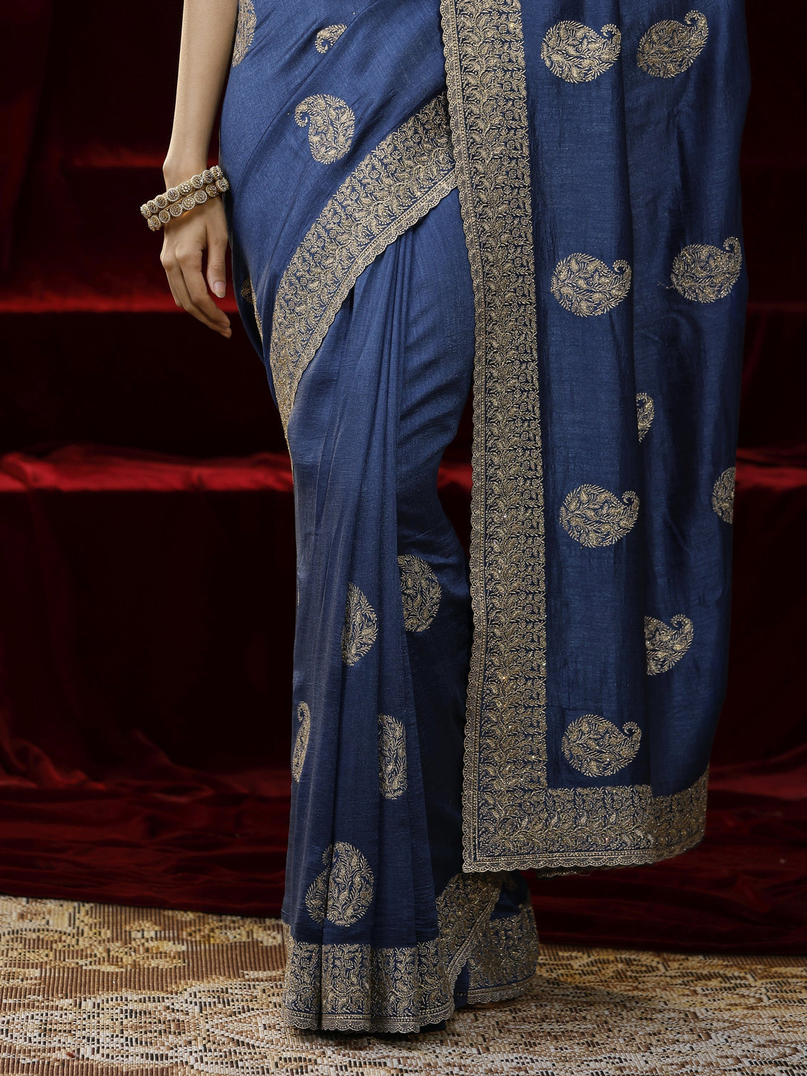 Mameraa Blue Paisley Embroidered Silk blend Saree