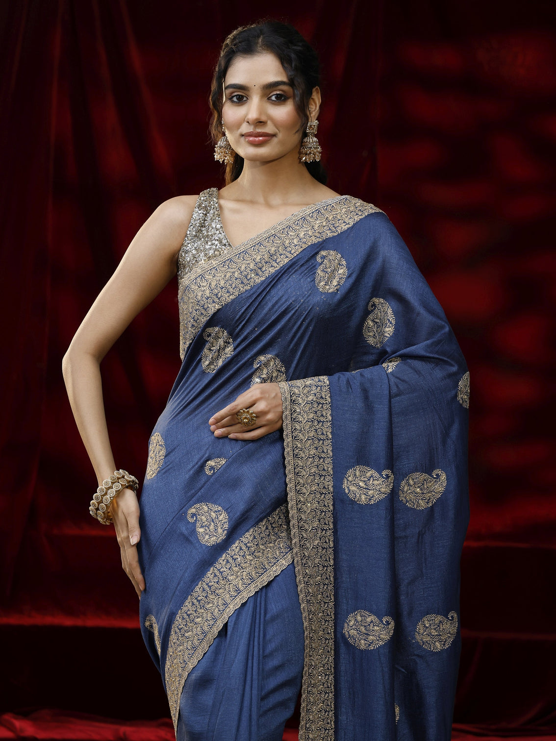 Mameraa Blue Paisley Embroidered Silk blend Saree