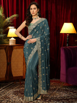 Libas Teal Green Floral Embroidered Satin Saree
