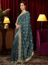 Libas Teal Green Floral Embroidered Satin Saree