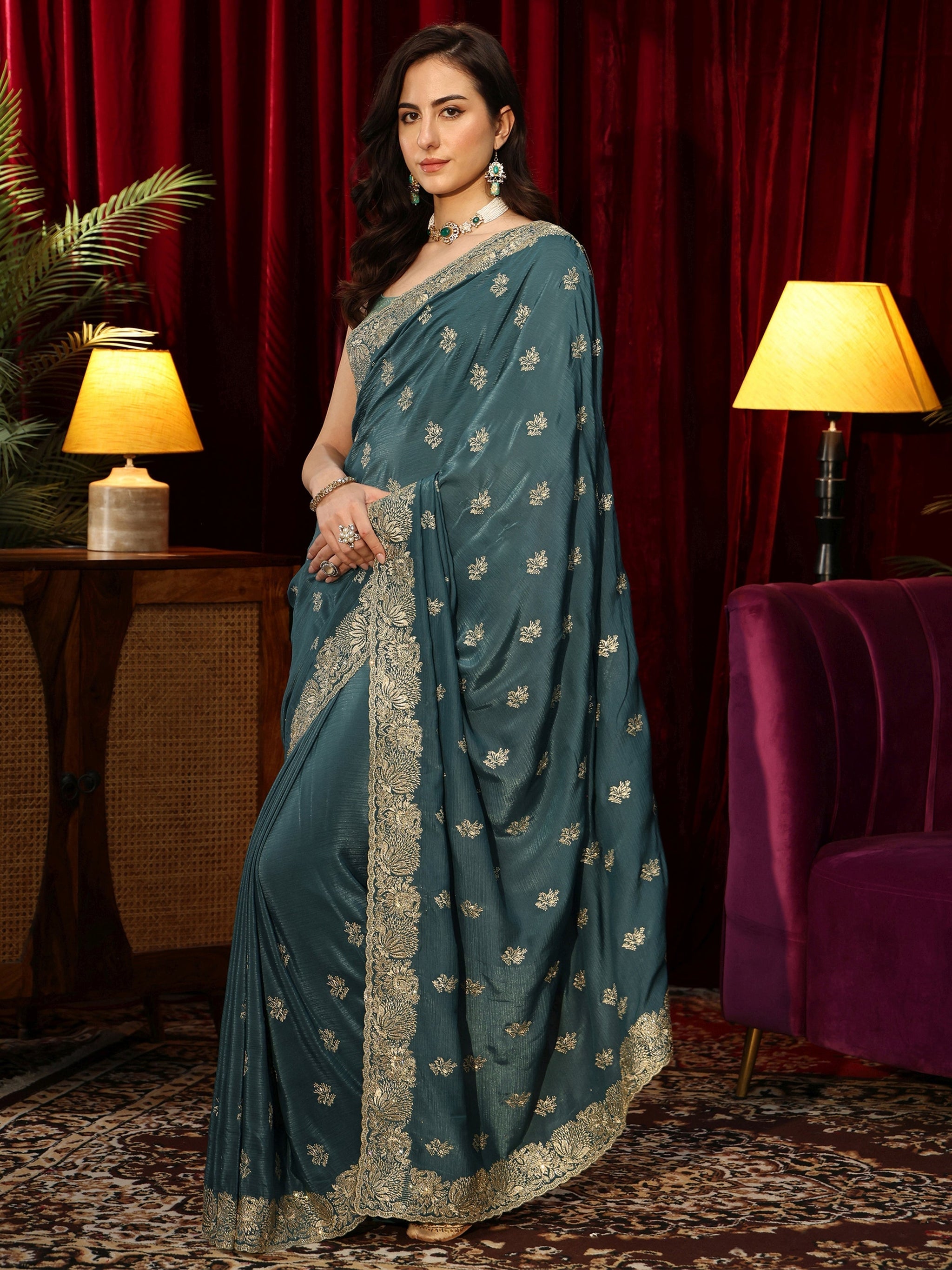 Libas Teal Green Floral Embroidered Satin Saree