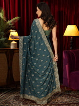 Libas Teal Green Floral Embroidered Satin Saree