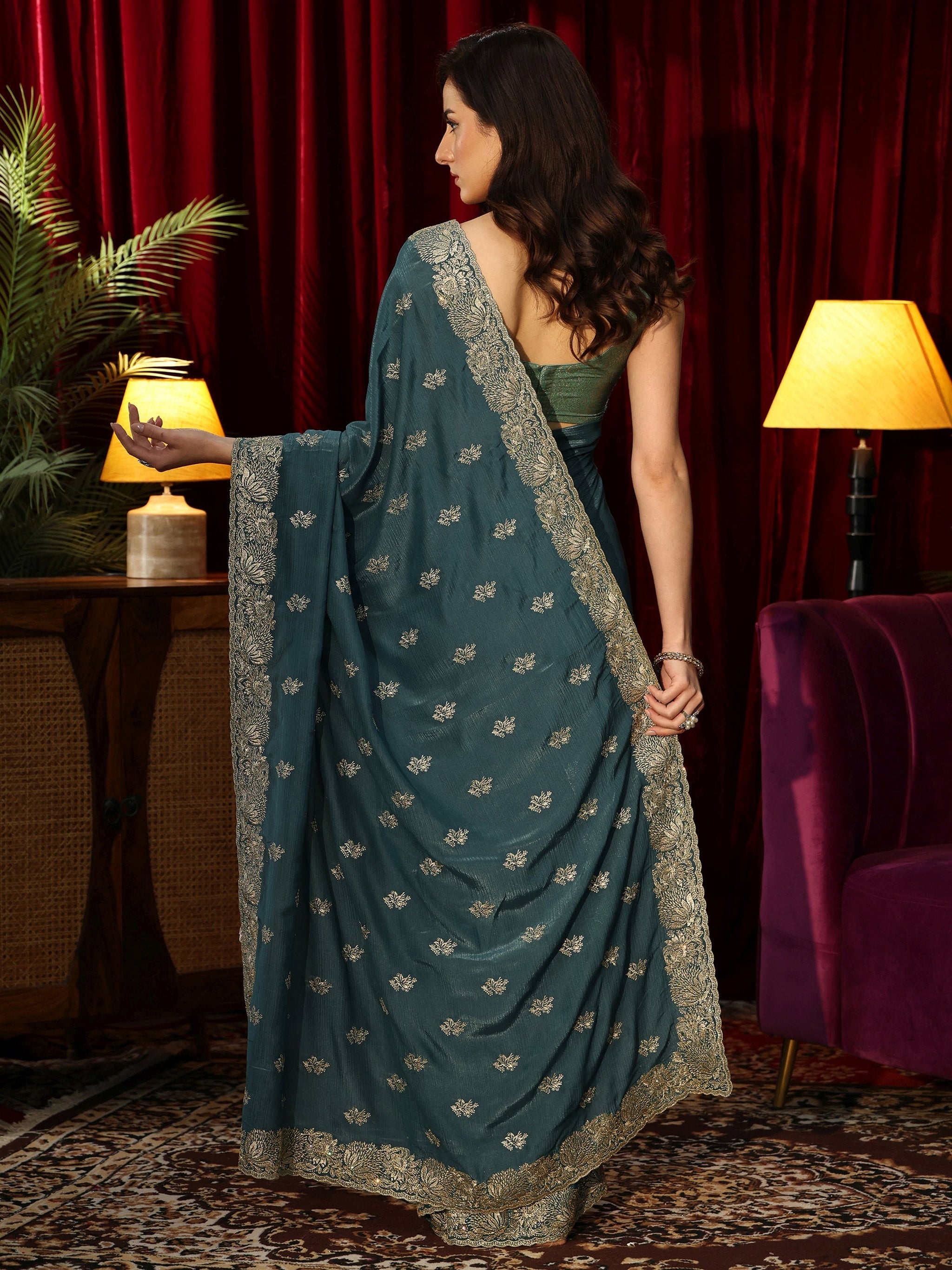 Libas Teal Green Floral Embroidered Satin Saree