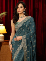 Libas Teal Green Floral Embroidered Satin Saree