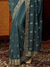 Libas Teal Green Floral Embroidered Satin Saree