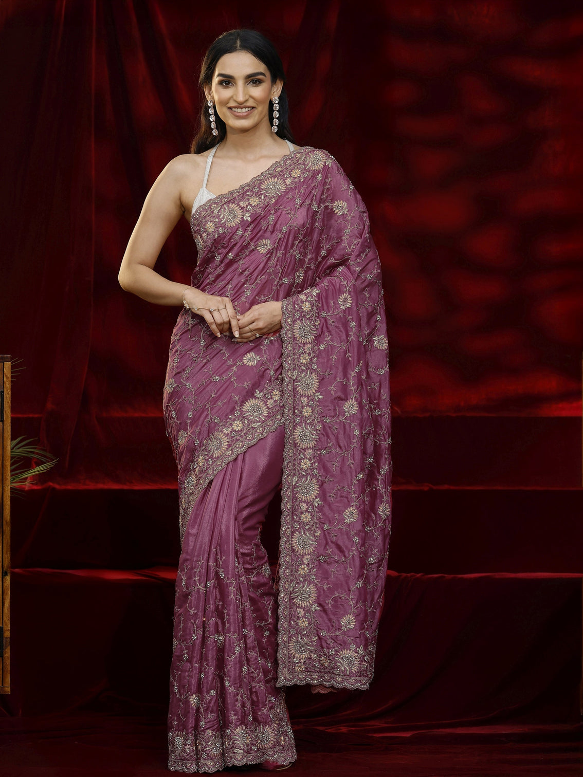Mameraa Art Mauve Floral Embroidered Satin Saree