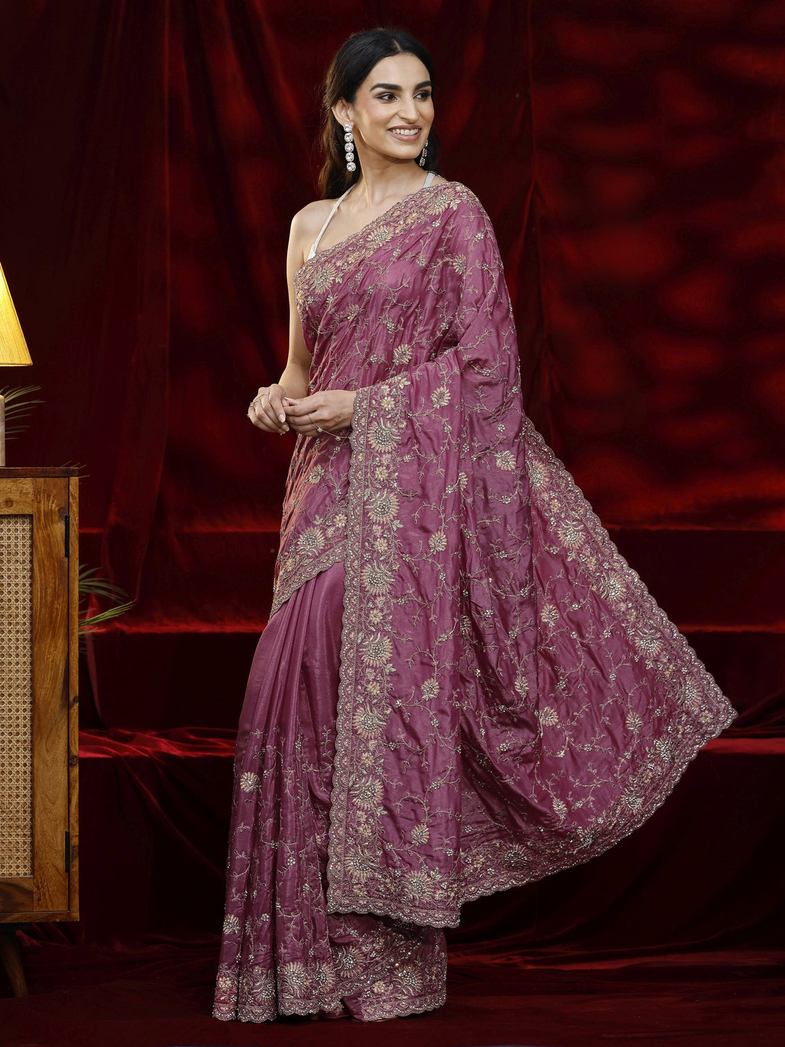 Mameraa Art Mauve Floral Embroidered Satin Saree