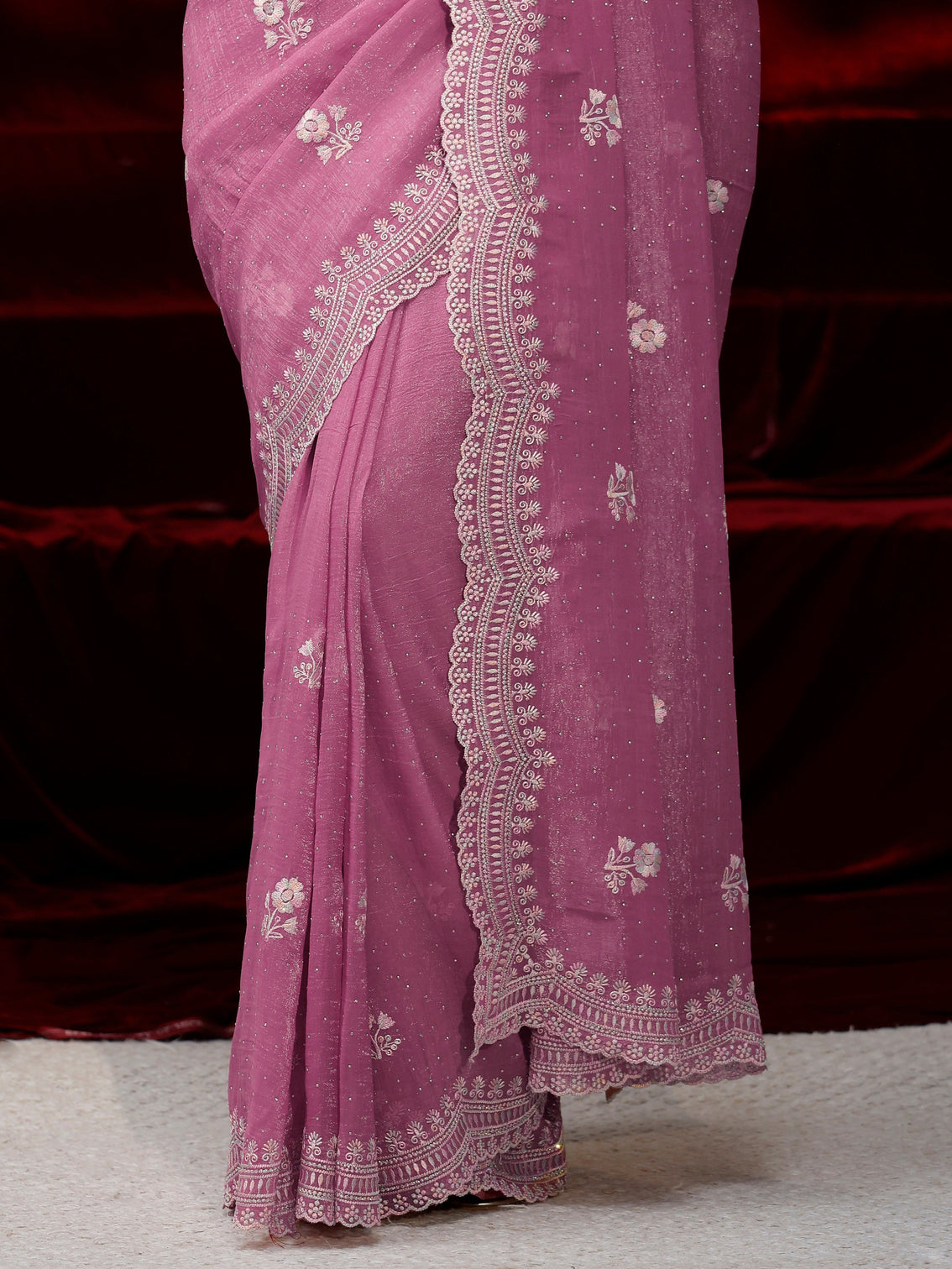 Mameraa Pink Floral Embroidered Chiffon Saree
