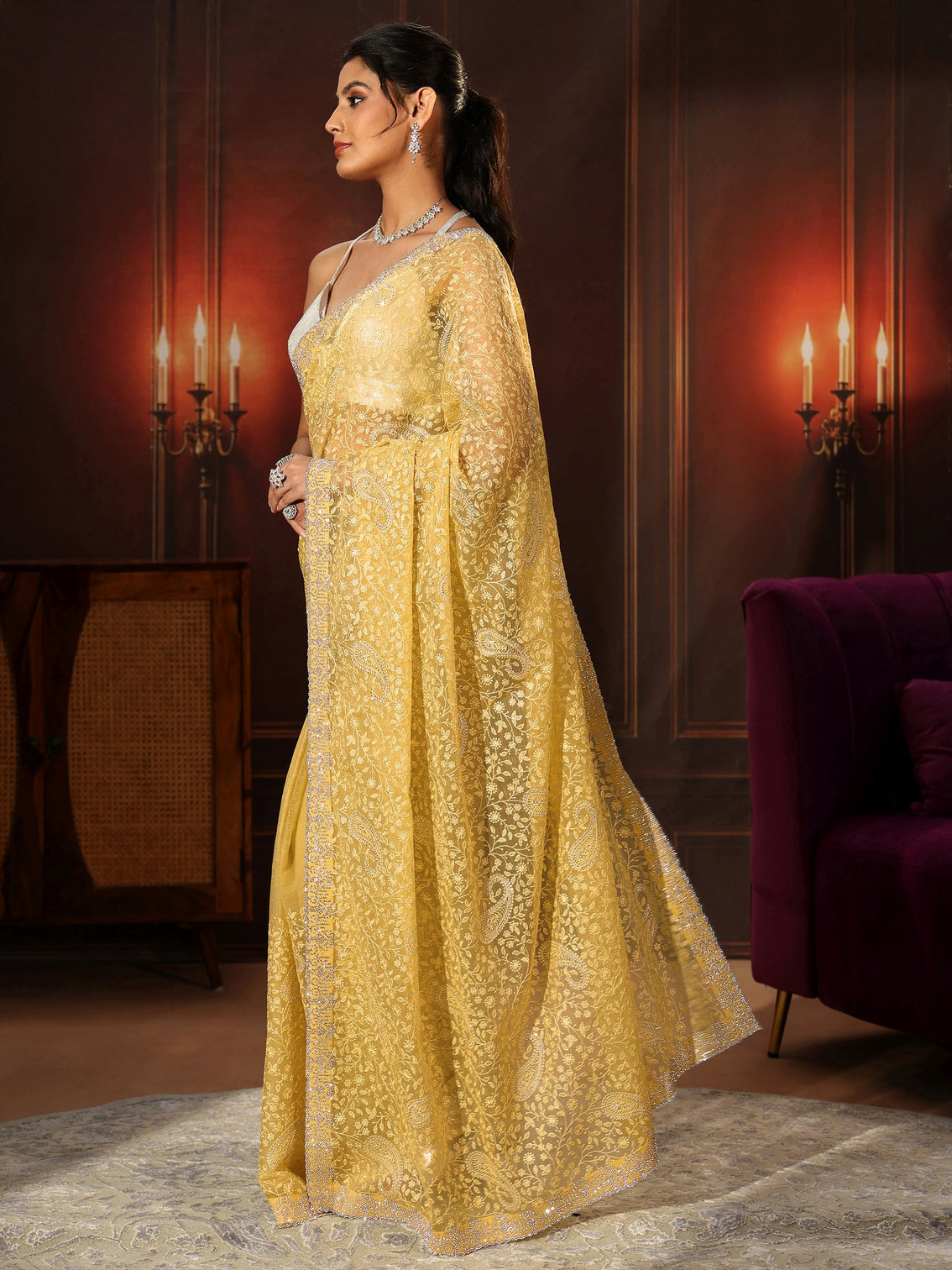 Mameraa Art Sunshine Yellow Floral Embroidered Chiffon Saree